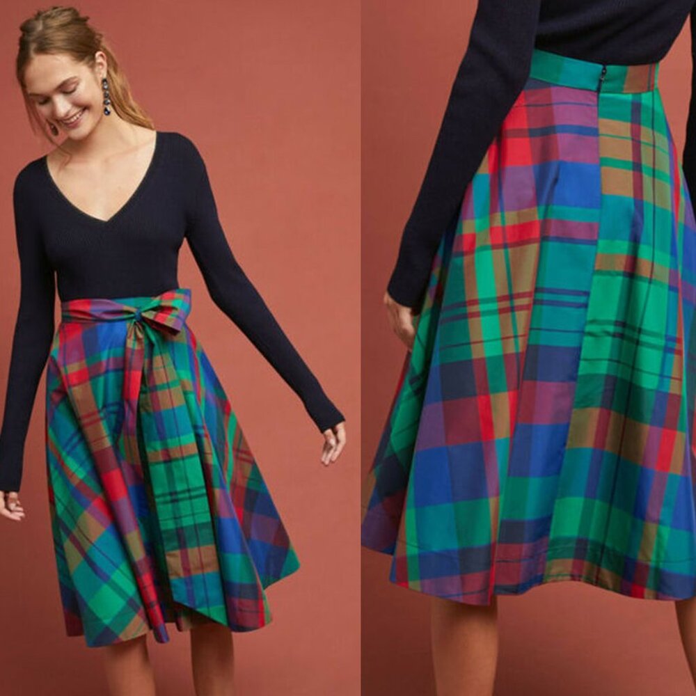 Maeve Plaid Taffeta Midi Skirt high waisted
